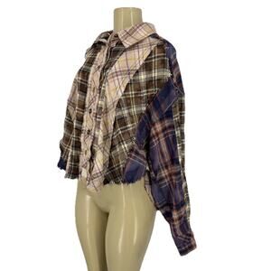 Oli & Hali M Women Button Up Cropped mixed-media patchwork oversized Shirt F34
